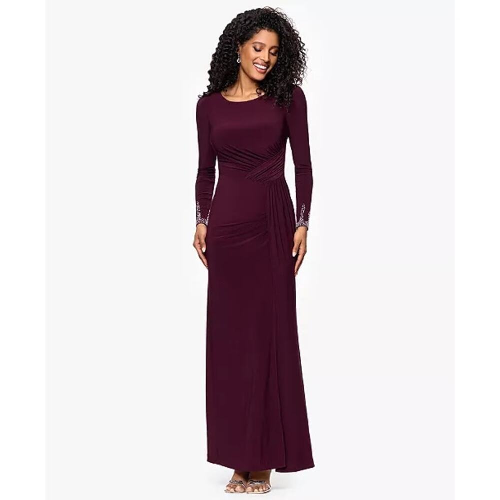 Betsy & Adam Formal Evening Gown Womens 16W Wine Beaded Wedding Party Dress
